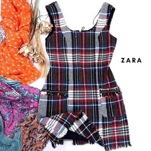 ZARA Blue Green Gray Red Plaid Woven Fringed Dress Sz S